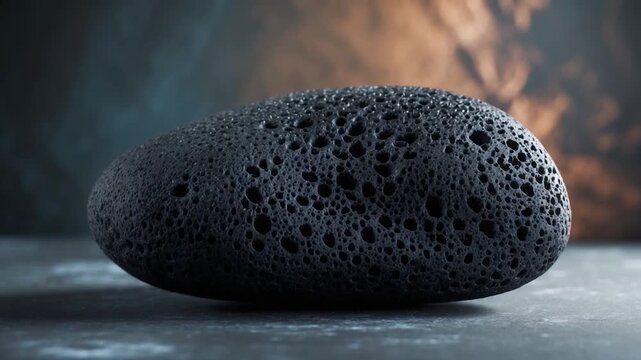Close-up of a smooth dark volcanic rock with irregular air holes resting on a marble surface highlighted by soft diffused lighting creating a subtle play of shadows and reflections against a blurred