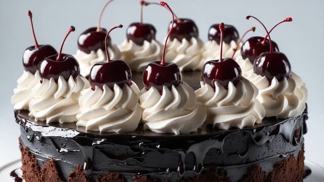 Delicious chocolate cake with rich glossy frosting and decorative whipped cream swirls topped with bright red cherries arranged around the edge presented on a clean white background