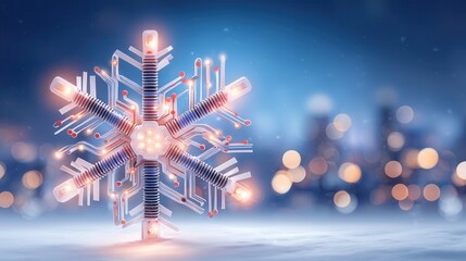 christmas technology. Artistic snowflake design with glowing circuits and a blurred background.