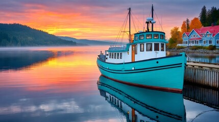 Fishing boat moored at a dock during scenic sunrise