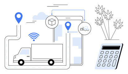 Delivery truck on route with GPS markers, tablet showing parcel tracking, calculator, and plants. Ideal for logistics, supply chain, delivery management, tracking, technology business simple flat