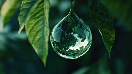 Dew drop on a green leaf acting as a lens reflecting an upside-down forest scene