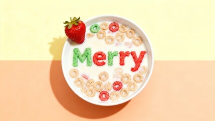 Festive Cereal with "Merry" Message and Strawberry for Christmas Breakfast