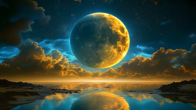 Golden full moon shines brightly over calm waters and colorful clouds at night
