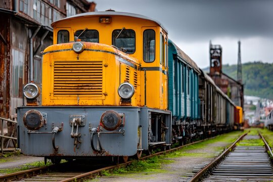 Old yellow diesel locomotive pulling freight wagons on railway tracks