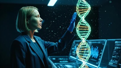 Scientist explores digital DNA model in lab. Woman interacts with glowing DNA strand for research. Futuristic technology in genetic analysis. DNA visualization in laboratory setting. Advanced tools - Powered by Adobe