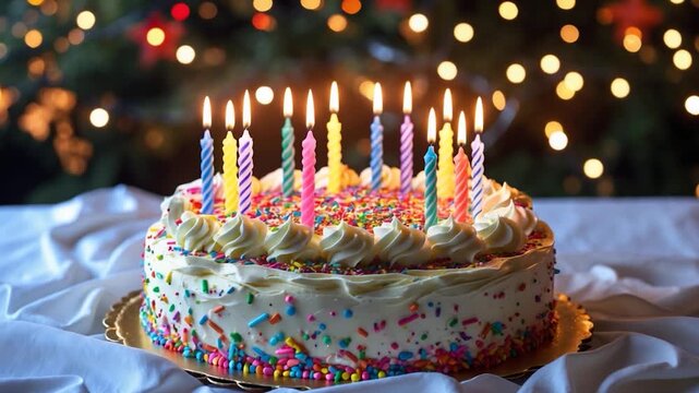 Close-up of a colorful birthday cake topped with vibrant candles surrounded by festive decorations glimmering lights in the soft natural glow emphasizing the celebratory atmosphere and joyful details