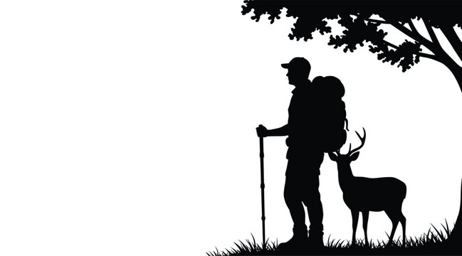 Hiker and deer under forest tree silhouette, black and white vector illustration for nature connection, wildlife themes, and editorial outdoor content