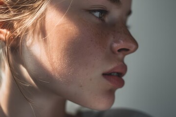 Fototapeta premium Close up on side profile of light skinned woman with freckles