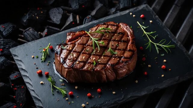 Close-up of a perfectly grilled steak on a dark slate plate garnished with fresh herbs and colorful peppercorns set against a backdrop of charred charcoal highlighting rich textures and warm inviting