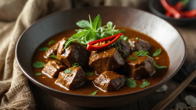 Close-up of rich savory beef stew with tender cubes of meat in warm brown sauce garnished with fresh herbs and red chili set in a rustic wooden bowl on textured fabric background under soft natural
