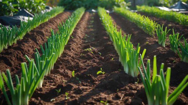 Close-up view of growing leeks in straight rows on fertile soil showcasing green leafy stalks with dirt texture in a sunlit outdoor farm setting emphasizing agricultural growth and plant development