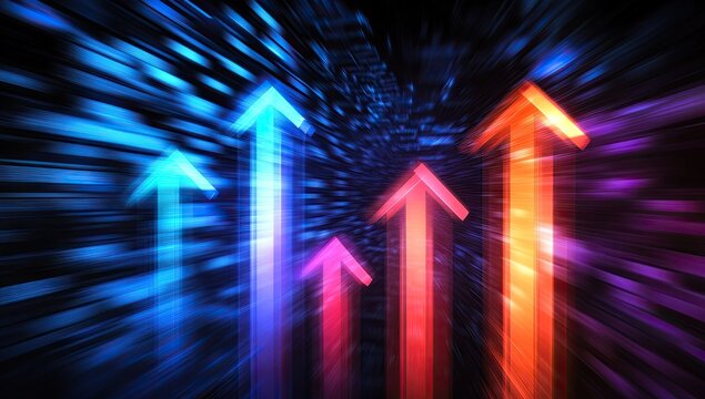 A dynamic stock market graph with upward arrows, representing the rising trends in business and financial investment