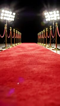 A glamorous red carpet awaits an event, illuminated by bright lights, setting the stage for a star-studded evening.