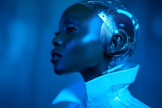 Profile of advanced android female with a translucent skull