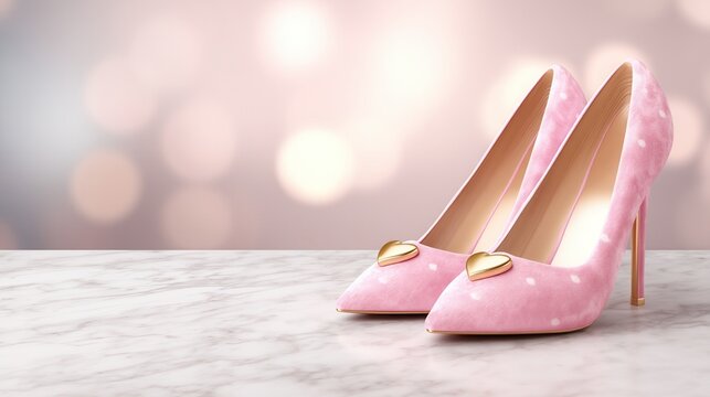 coquette valentine. Stylish pink high heels with a glossy finish on a marble surface.