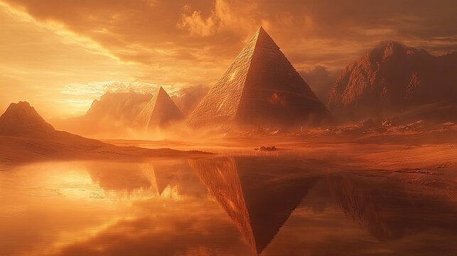 A fantasy desert landscape with ancient Egyptian pyramids at sunset, reflecting in the river below
