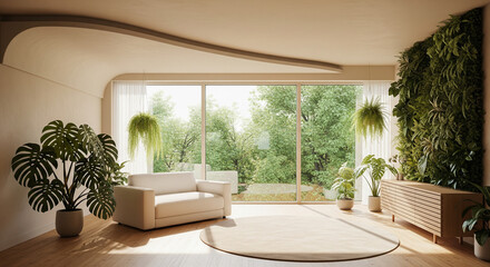 Bright minimalist living room with curved ceiling, panoramic windows, lush vertical garden, hanging and potted tropical plants, white armchair and wooden accents. Serene biophilic interior