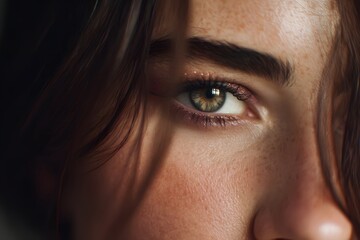 Close up of a woman's face revealing a striking green eye