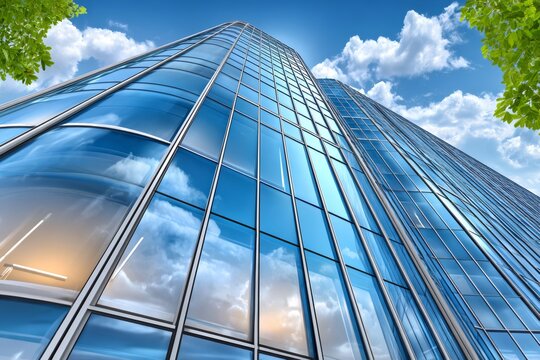 Modern glass building skyscraper reflecting blue sky and clouds
