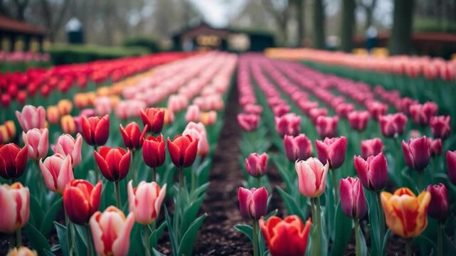 Vibrant rows of blooming tulips showcasing a colorful display arranged in intricate patterns set in a lush garden environment with soft natural light creating rich textures and pleasant colors