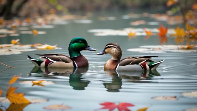 Colorful male and female ducks gliding gracefully on still water surrounded by vibrant autumn leaves with soft natural light reflecting on the surface highlighting their intricate feather patterns