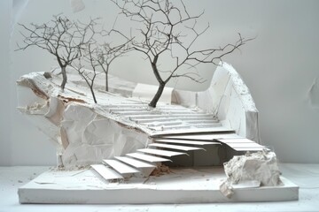 White architectural model of a futuristic building with stairs, bare trees, and a textured surface, suggesting innovative design and sustainable materials