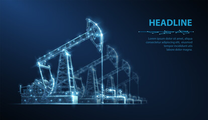 Oil pumps field on blue. Digital extraction, Gas market, Well drilling, Petroleum production, Fossil fuel, Oilfield crisis, Energy economy, War constriction, Oil refinery, Black gold concepts

