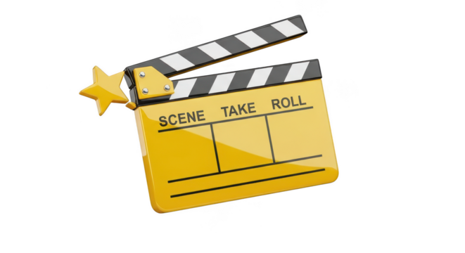 Yellow and black clapperboard with the words scene take roll written on it. isolated illustration on  transparent background PNG