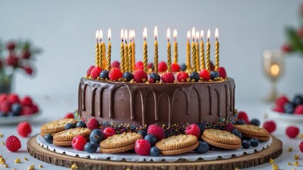 Decadent chocolate birthday cake adorned with vibrant red raspberries blueberries and golden spiral candles set on a rustic wooden board against a soft gray background with scattered colorful
