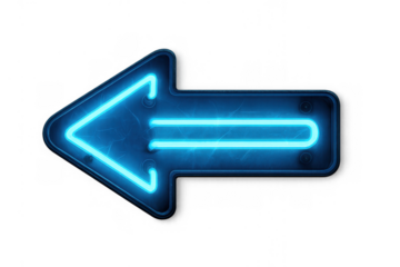 Blue neon arrow sign glowing left, showing direction, offering guidance with a transparent background