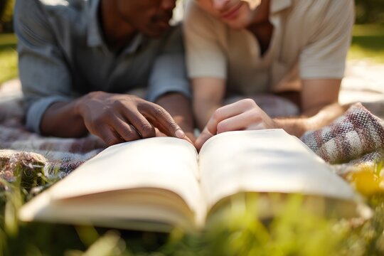 Two friends read an interesting book together outdoors on a sunny day