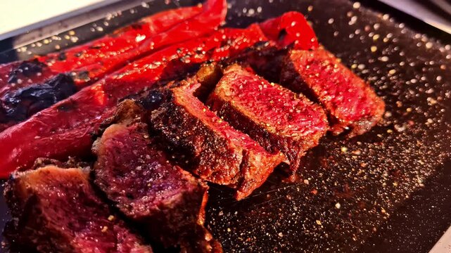 Grilled steak with peppers in Jelgava, Latvia on a hot plate