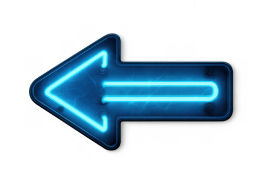 Blue neon arrow sign glowing left, showing direction, offering guidance with a transparent background
