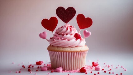 Delicious pink cupcake decorated with red and pink heart-shaped toppers sits on a smooth surface surrounded by tiny heart sprinkles captured in soft natural light with a neutral background showcasing