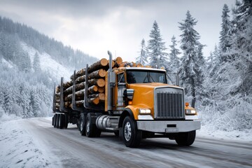 Logging truck transporting timber through snowy winter forest road