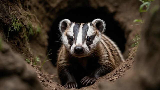 Close-up of a striped badger emerging from its burrow with detailed fur patterns surrounded by earthy textures and soft natural light showcasing vibrant greenery in a forest setting