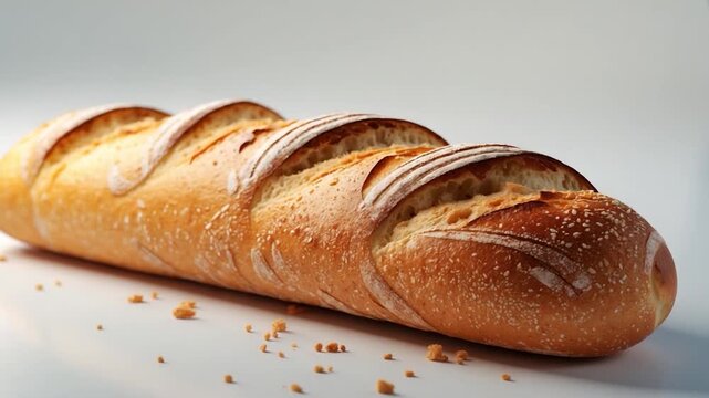 Close-up of golden artisanal baguette bread with crispy crust showcasing its beautiful texture and intricate slits in soft natural light isolated on a clean white background perfect for food-related
