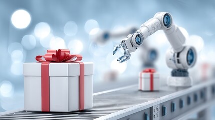 christmas robot. Robotic arm placing gift on conveyor belt in a modern setting.