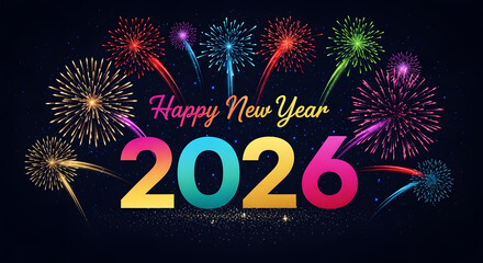 Vibrant fireworks display with Happy New Year 2026 text on a dark starry night background celebration