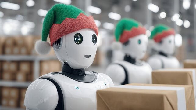 christmas robot. Robots in festive hats handling packages in a warehouse setting.