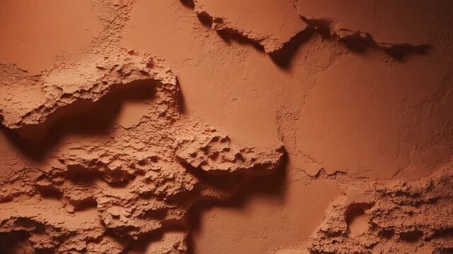 Textured earthy wall surface with intricate grooves and patterns in warm terracotta tones featuring variations in the depth and texture visible from multiple angles in a well-lit indoor setting