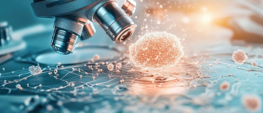 Microscopic view of cellular structures and intricate molecular networks under scientific examination.