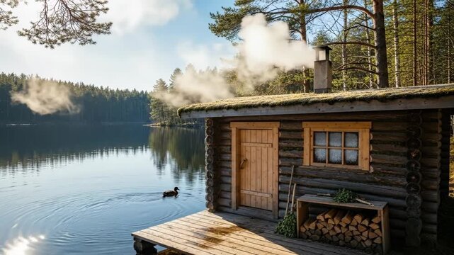 Tranquil lakeside sauna with swimming duck in misty morning serenity