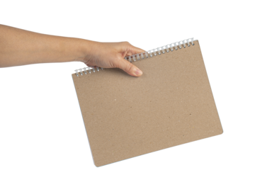 Blank book cover in hand on transparent background.