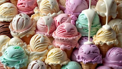 Close-up view of colorful ice cream cones with various flavors including mint chocolate strawberry and vanilla drizzled with cream arranged in a vibrant tightly packed display under bright soft