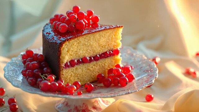 Slice of moist golden cake layered with cherry jam and topped with glistening red currants presented on a decorative porcelain plate softly illuminated by warm natural light with a gentle blurred