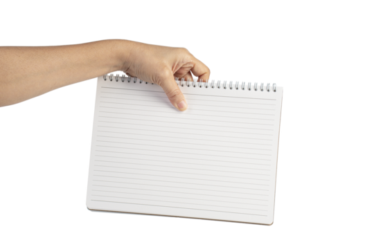 Blank book cover in hand on transparent background.