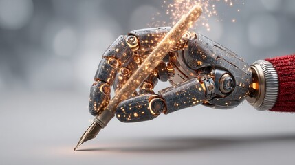 christmas robot. Robotic hand writing with a pen, creating a sparkling effect.