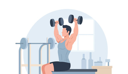 Strong man lifting dumbbells sitting in gym on white background vector